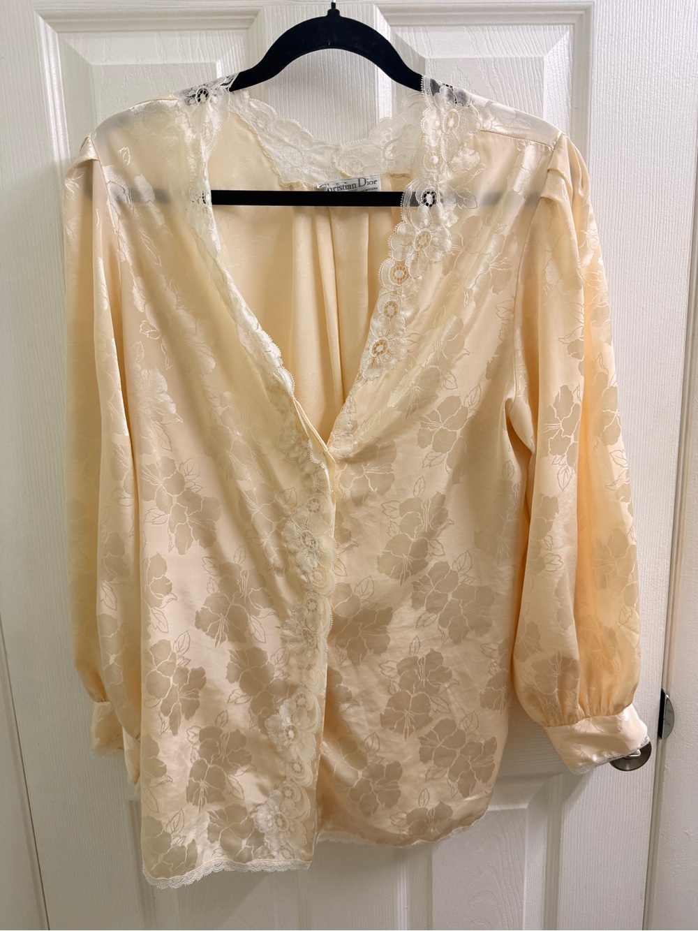 Vintage Dior Cream Lace-Trim Floral Jacquard Blouse Lingere